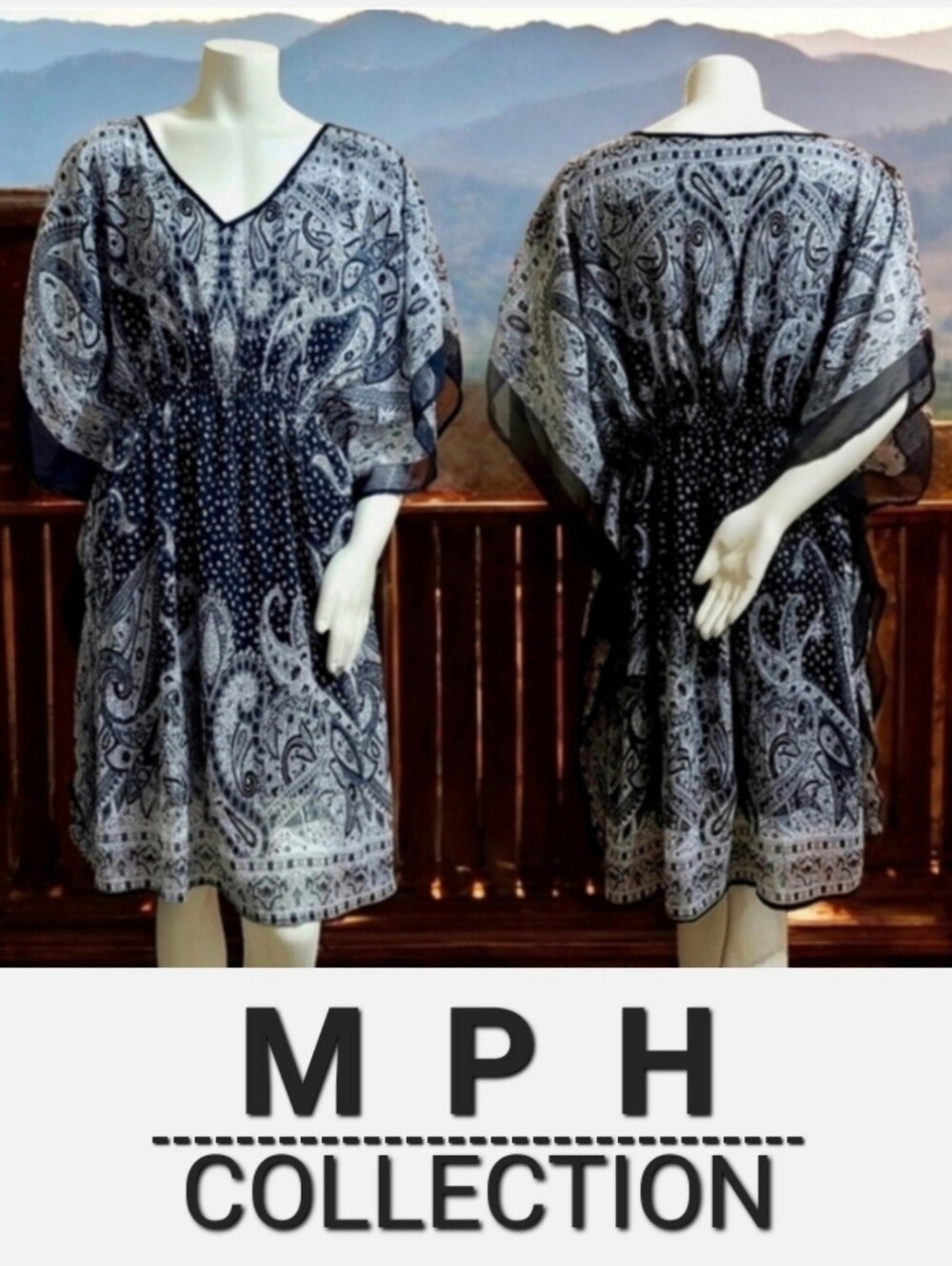 MPH Collection Kimono Sleeve Dress Black and Gray Chiffon Paisley Size 3X